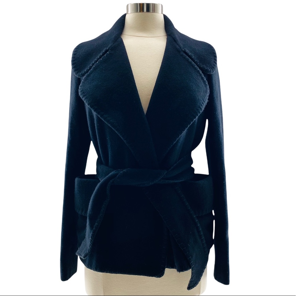 Burberry Black 100% Lambswool Cupro Lined Belted Short Pea Coat Size 6
